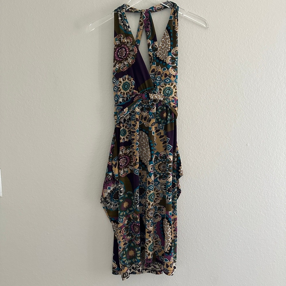 Halter Midi Dress Womens Medium Multi Color Boho Geometric Open Back Jersey Knit
